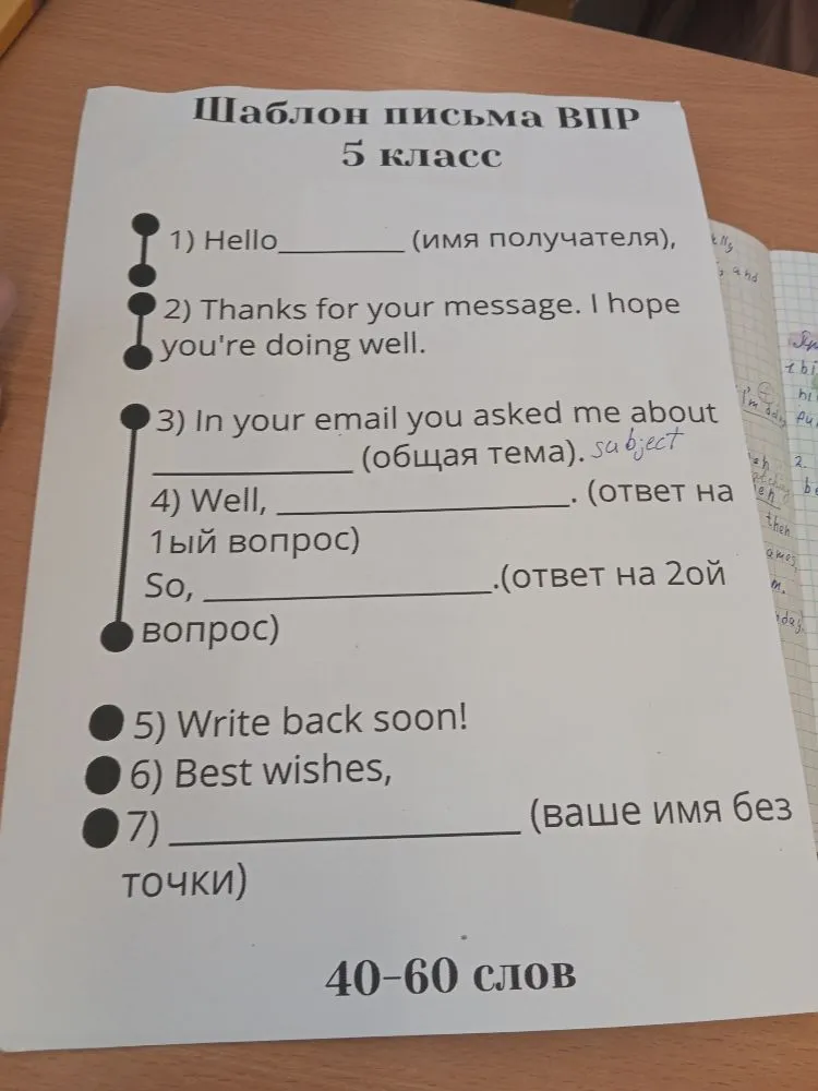 Шаблон письма ВПР 5 класс