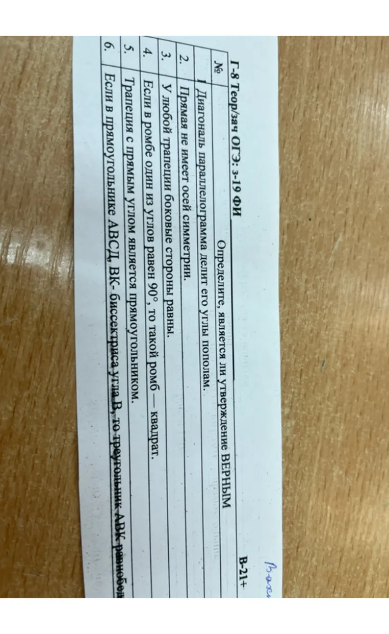 Определите, является ли утверждение ВЕРНЫМ: 1. Диагональ параллелограмма делит его углы пополам. 2. Прямая не имеет осей симметрии. 3. У любой трапеции боковые стороны равны. 4. Если в ромбе один из углов равен 90 градусов, то такой ромб — квадрат. 5. Трапеция с прямым углом является прямоугольником. 6. Если в прямоугольнике ABCD, BK - биссектриса угла B, то треугольник ABK равнобедренный.