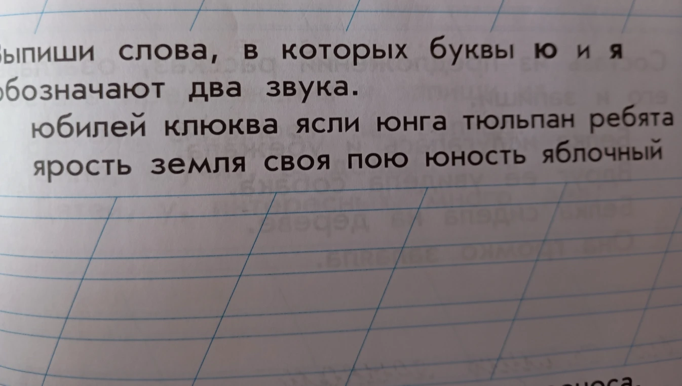 Выпиши слова в которых буквы ю и я обозначает два звука юбилей клюква ясли Юнга тюльпан ребята ярость земля своя пою юность яблочный