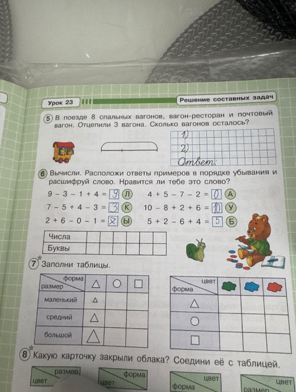 В поезде 8 спальных вагонов, вагон-ресторан и почтовый вагон. Отцепили 3 вагона. Сколько вагонов осталось?