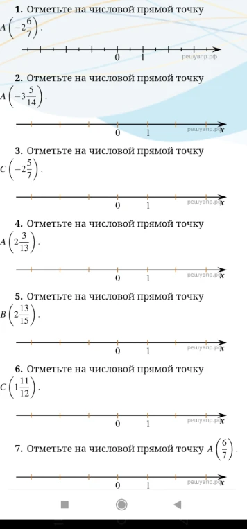 Отметьте на числовой прямой точку A(-2 6/7), A(-3 5/14), C(-2 5/7), A(2 3/13), B(2 13/15), C(1 11/12), A(6/7)