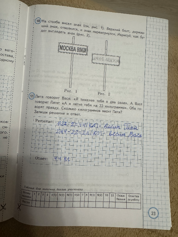 Петя говорит Васе: «Я тяжелее тебя в два раза». А Вася говорит Пете: «А я легче тебя на 22 килограмма». Оба говорят правду. Сколько килограмм весит Петя?