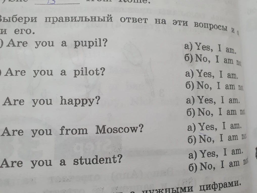 Выбери правильный ответ на эти вопросы: Are you a pupil? Are you a pilot? Are you happy? Are you from Moscow? Are you a student?