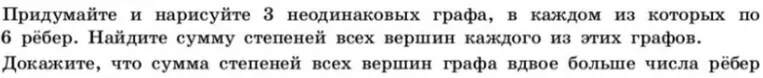 Придумайте и нарисуйте 3 неодинаковых графа, в каждом из которых по 6 рёбер. Найдите сумму степеней всех вершин каждого из этих графов. Докажите, что сумма степеней всех вершин графа вдвое больше числа рёбер