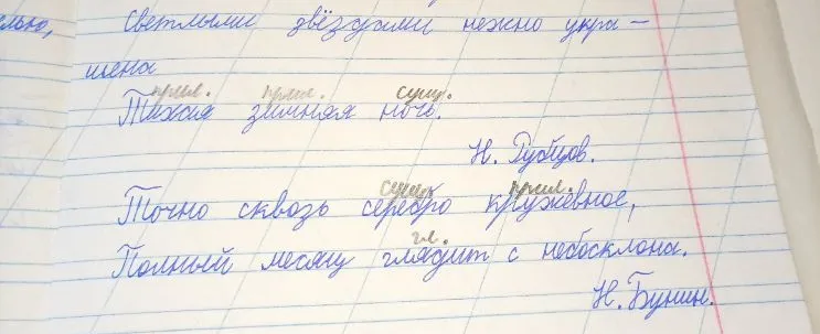 Подчеркнуть грамматические основы в предложениях: 'Тихая зимняя ночь' и 'Точно сквозь серебро кружевное, Полный месяц глядит с небосклона'.