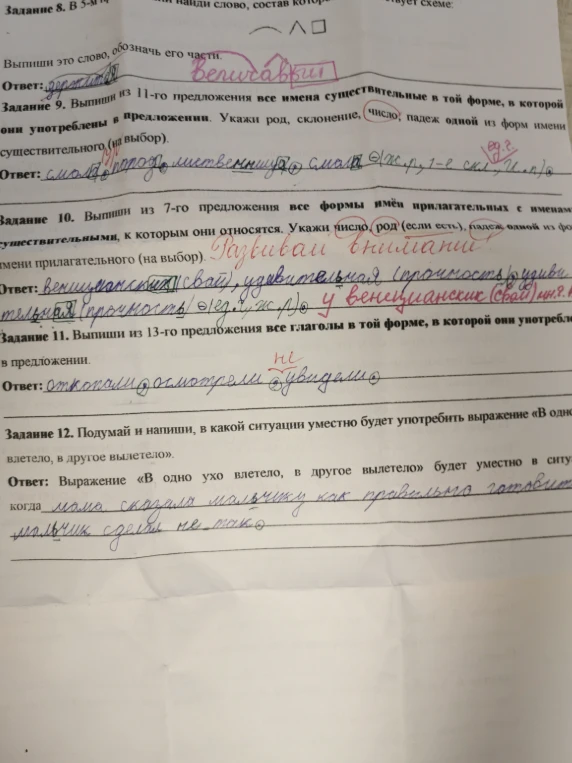 Выпиши из 11-го предложения все имена существительные в той форме, в которой они употреблены в предложении. Укажи род, склонение, число, падеж одной из форм имени существительного (на выбор).