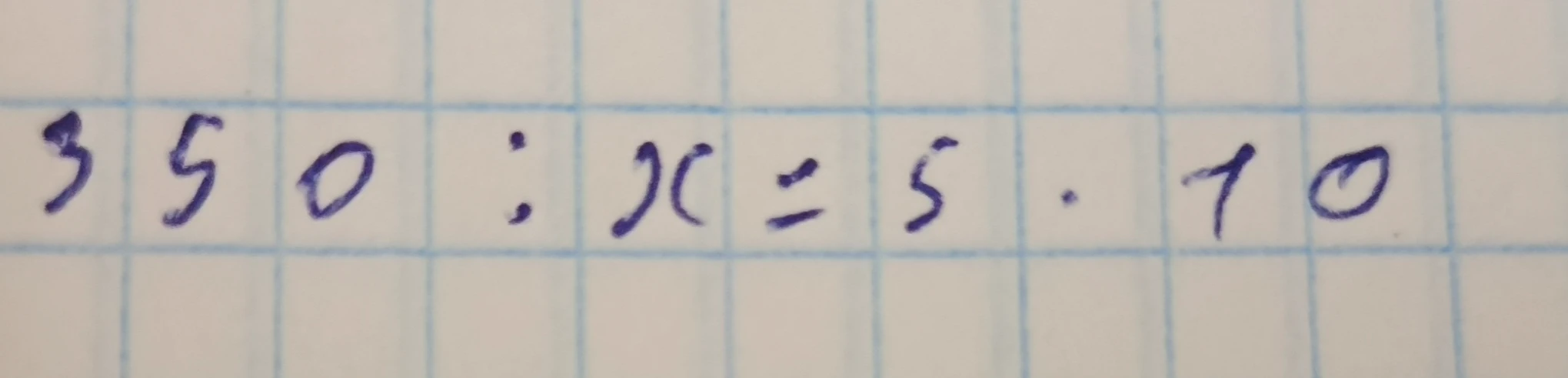 Решите уравнение: 350 : x = 5 * 10