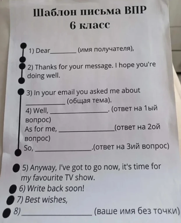 Шаблон письма ВПР 6 класс