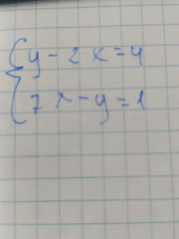 Решите систему уравнений: y - 2x = 4; 7x - y = 1