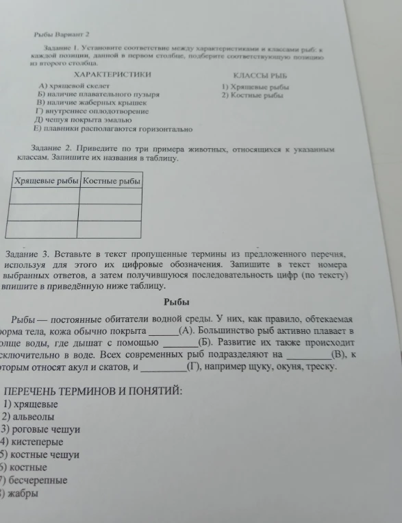 Установите соответствие между характеристиками и классами рыб; Приведите по три примера животных, относящихся к указанным классам; Вставьте в текст пропущенные термины из предложенного перечня.