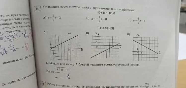 Установите соответствие между функциями и их графиками: А) y = 1/2x + 3, Б) y = -1/2x + 3, В) y = 1/2x - 3