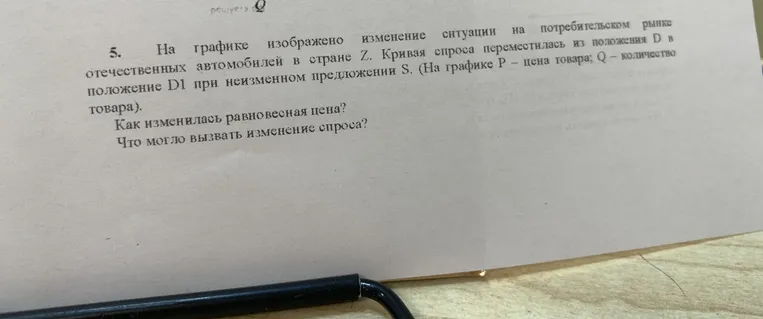 На графике изображено изменение ситуации на потребительском рынке отечественных автомобилей в стране Z. Кривая спроса переместилась из положения D в положение D1 при неизменном предложении S. Как изменилась равновесная цена? Что могло вызвать изменение спроса?