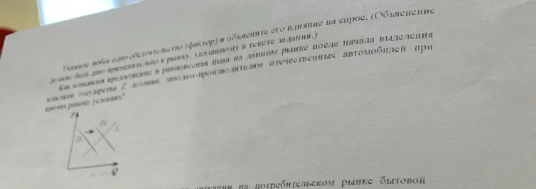 На графике изображено изменение ситуации на потребительском рынке отечественных автомобилей в стране Z. Кривая спроса переместилась из положения D в положение D1 при неизменном предложении S. Как изменилась равновесная цена? Что могло вызвать изменение спроса?