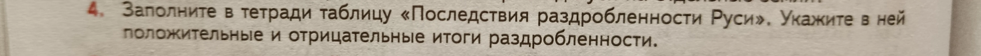 Заполните в тетради таблицу «Последствия раздробленности Руси». Укажите в ней положительные и отрицательные итоги раздробленности.