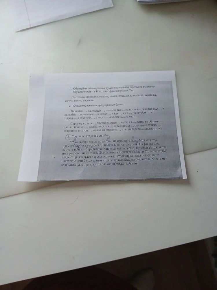 1. Образуйте однокоренные существительные третьего склонения одушевленные — в Р. п., а неодушевленные в П. п.. 2. Спишите, вставив пропущенные буквы. 3. Спишите, исправив ошибки.