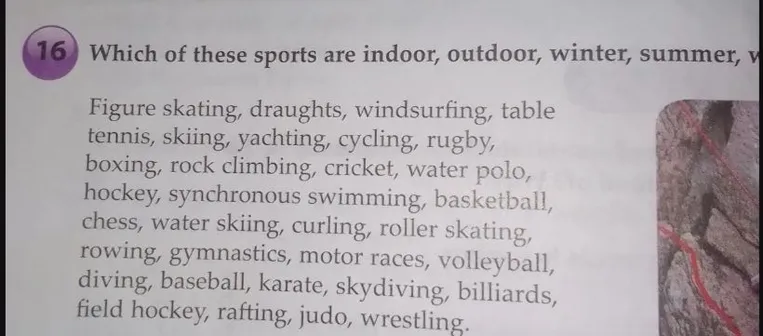 Which of these sports are indoor, outdoor, winter, summer