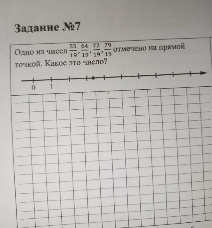 Одно из чисел 55/19, 64/19, 72/19, 79/19 отмечено на прямой точкой. Какое это число?