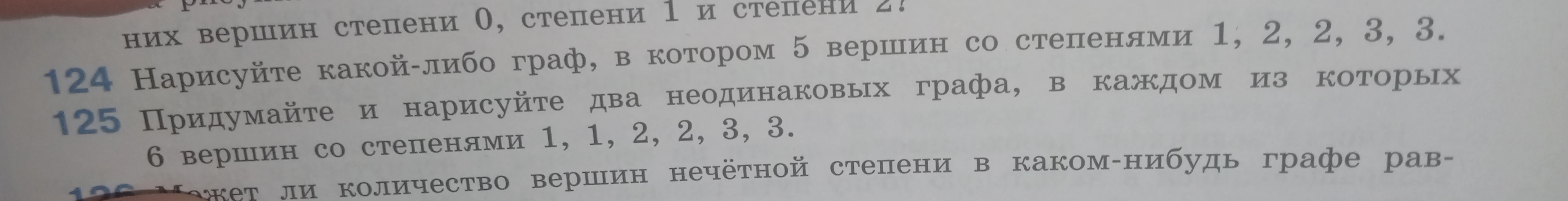 Нарисуйте какой-либо граф, в котором 5 вершин со степенями 1, 2, 2, 3, 3. Придумайте и нарисуйте два неодинаковых графа, в каждом из которых 6 вершин со степенями 1, 1, 2, 2, 3, 3.