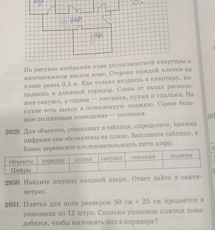 На рисунке изображён план двухкомнатной квартиры... Для объектов, указанных в таблице, определите, какими цифрами они обозначены на плане. Найдите ширину входной двери. Сколько упаковок плитки понадобится, чтобы выложить пол в коридоре?