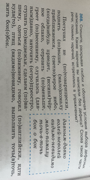 Спишите, раскрывая скобки и обозначая условия выбора дефисных написаний. Какие наречия вы написали без дефиса? Слова какой части речи, помимо наречий, встретились в упражнении?