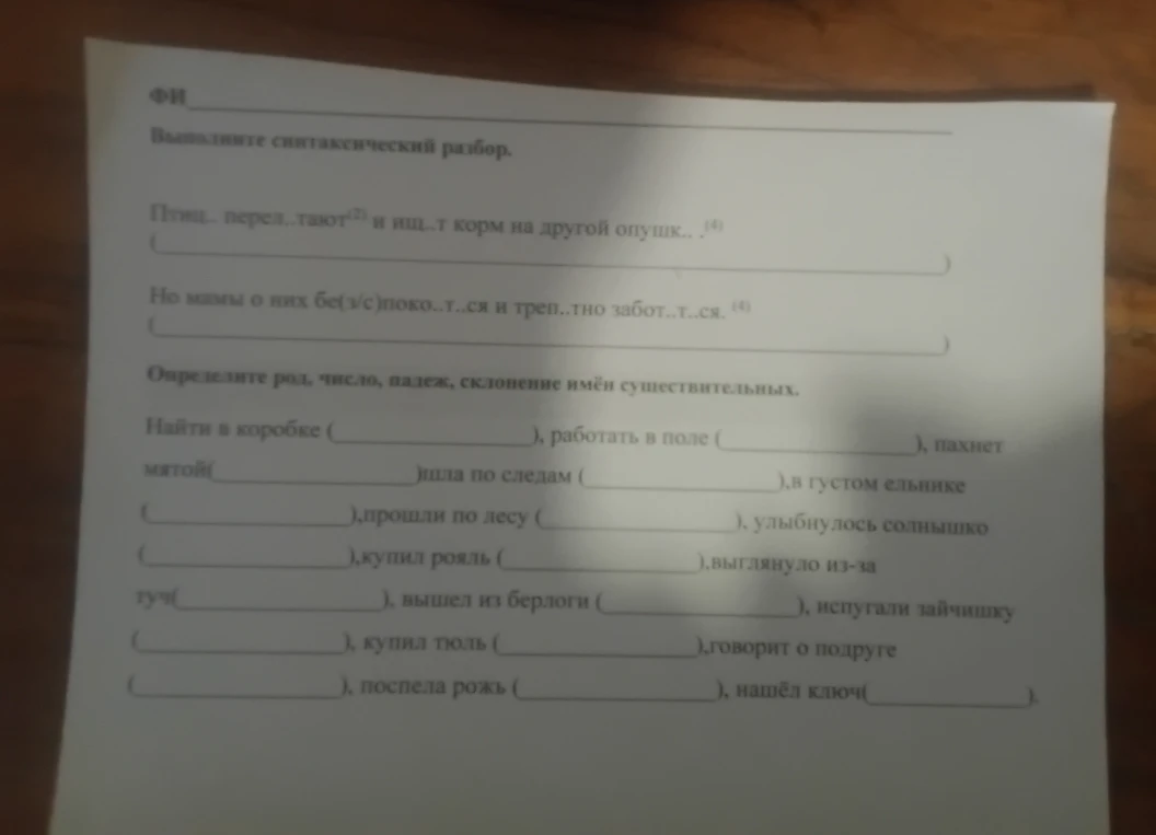 Выполните синтаксический разбор. Определите род, число, падеж, склонение имён существительных.