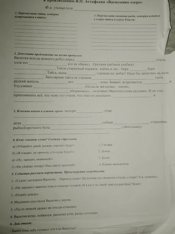 Выполните задания к произведению В.П. Астафьева «Васюткино озеро» по карточке.