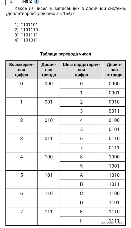 Какое из чисел a, записанных в двоичной системе, удовлетворяет условию a < 154₈?