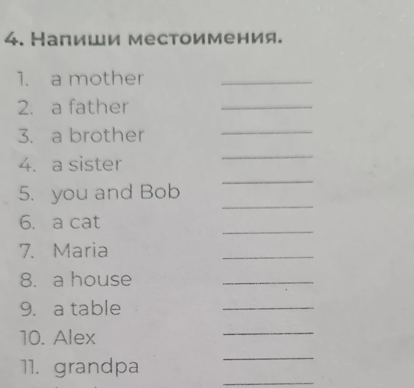 Напиши местоимения: a mother, a father, a brother, a sister, you and Bob, a cat, Maria, a house, a table, Alex, grandpa