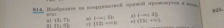 Изобразите на координатной прямой промежуток и назовите его: а) (3; 7); б) [1; 6]; в) (-∞; 5); г) [12; +∞); д) (-∞; 3]; е) (15; +∞).
