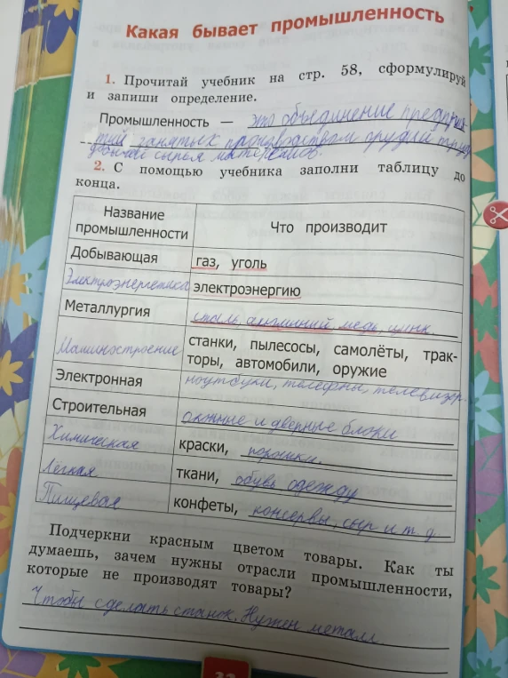 Прочитай учебник на стр. 58, сформулируй и запиши определение. С помощью учебника заполни таблицу до конца. Подчеркни красным цветом товары. Как ты думаешь, зачем нужны отрасли промышленности, которые не производят товары?