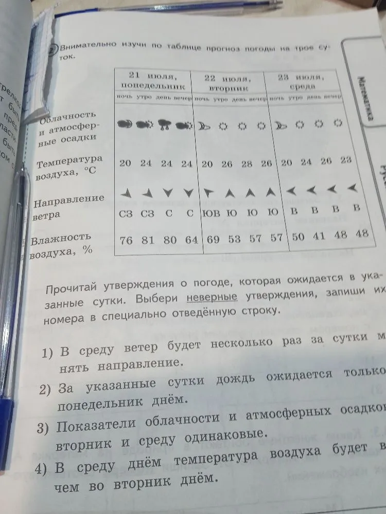 Внимательно изучи по таблице прогноз погоды на трое суток. Выбери неверные утверждения.