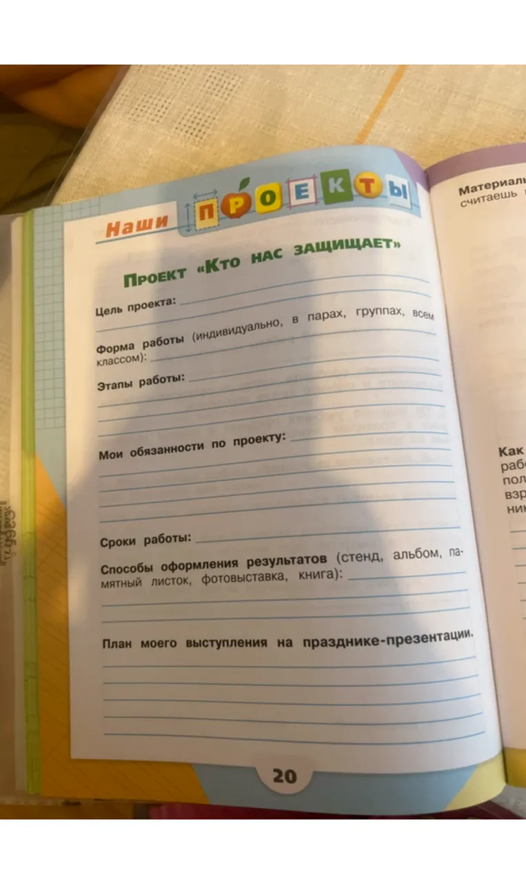 Заполнить план проекта «Кто нас защищает» в рабочей тетради.
