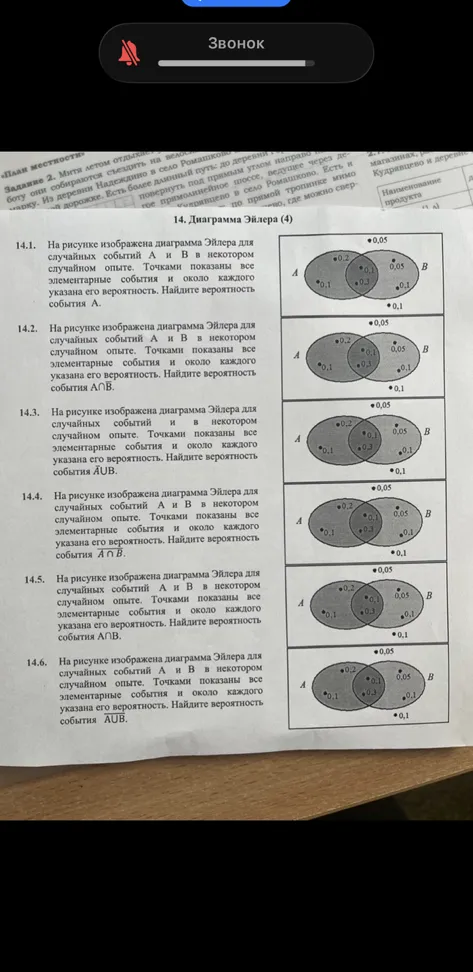 На рисунке изображена диаграмма Эйлера для случайных событий A и B в некотором случайном опыте. Точками показаны все элементарные события и около каждого указана его вероятность. Найдите вероятность события...