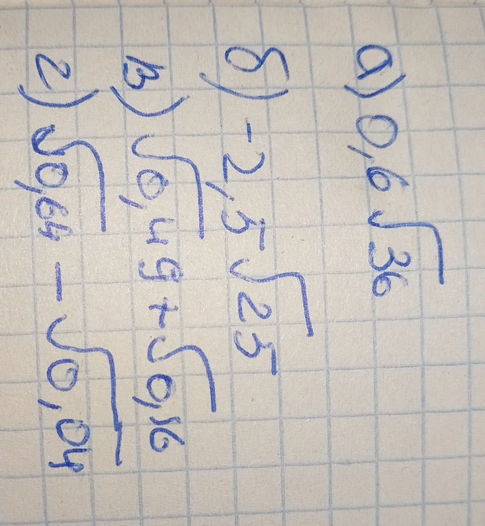 Найди значение выражения: а) 0,6√36; б) -2,5√25; в) √0,49 + √0,16; г) √0,64 - √0,04