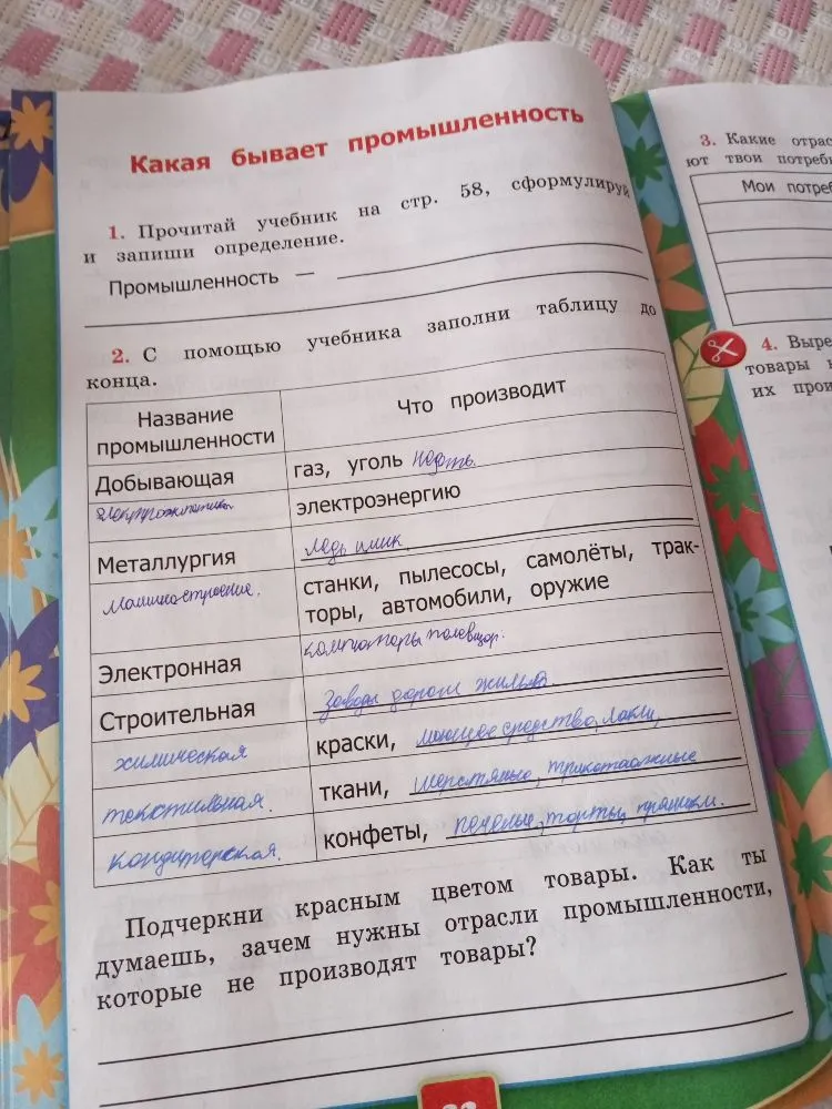 Какая бывает промышленность. С помощью учебника заполни таблицу до конца. Подчеркни красным цветом товары. Как ты думаешь, зачем нужны отрасли промышленности, которые не производят товары?