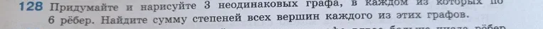 Придумайте и нарисуйте 3 неодинаковых графа, в каждом из которых по 6 рёбер. Найдите сумму степеней всех вершин каждого из этих графов.