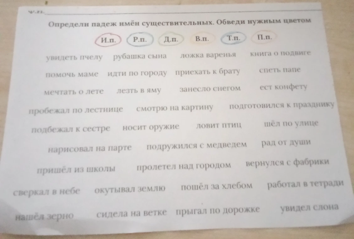 Определи падеж имён существительных. Обведи нужным цветом