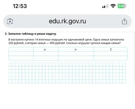 В магазине купили 14 ёлочных игрушек по одинаковой цене. Одна семья заплатила 250 рублей, а вторая семья — 450 рублей. Сколько игрушек купила каждая семья?
