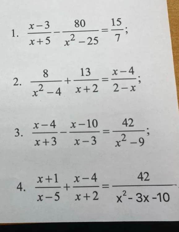 1. (x-3)/(x+5) - 80/(x^2-25) = 15/7; 2. 8/(x^2-4) + 13/(x+2) = (x-4)/(2-x); 3. (x-4)/(x+3) - (x-10)/(x-3) = 42/(x^2-9); 4. (x+1)/(x-5) + (x-4)/(x+2) = 42/(x^2-3x-10)