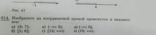 814. Изобразите на координатной прямой промежуток и назовите его: а) (3; 7); б) [1; 6]; в) (-∞; 5); г) [12; +∞); д) (-∞; 3]; е) (15; +∞).