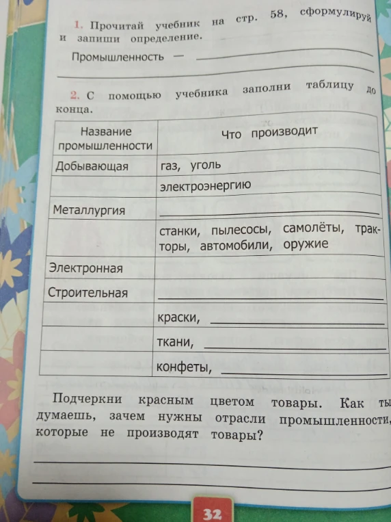 Прочитай учебник на стр. 58, сформулируй и запиши определение. Промышленность — ... С помощью учебника заполни таблицу до конца.