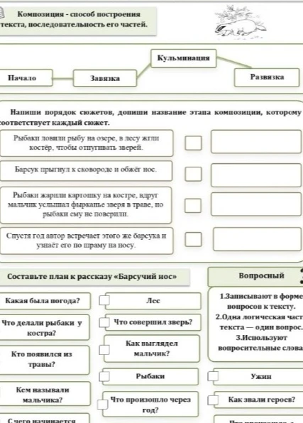 Напиши порядок сюжетов, допиши название этапа композиции, которому соответствует каждый сюжет. Составьте план к рассказу «Барсучий нос»