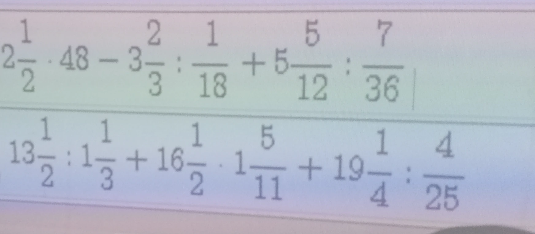 Вычислите: 1) 2 1/2 * 48 - 3 2/3 : 1/18 + 5 5/12 : 7/36; 2) 13 1/2 : 1 1/3 + 16 1/2 * 1 5/11 + 19 1/4 : 4/25