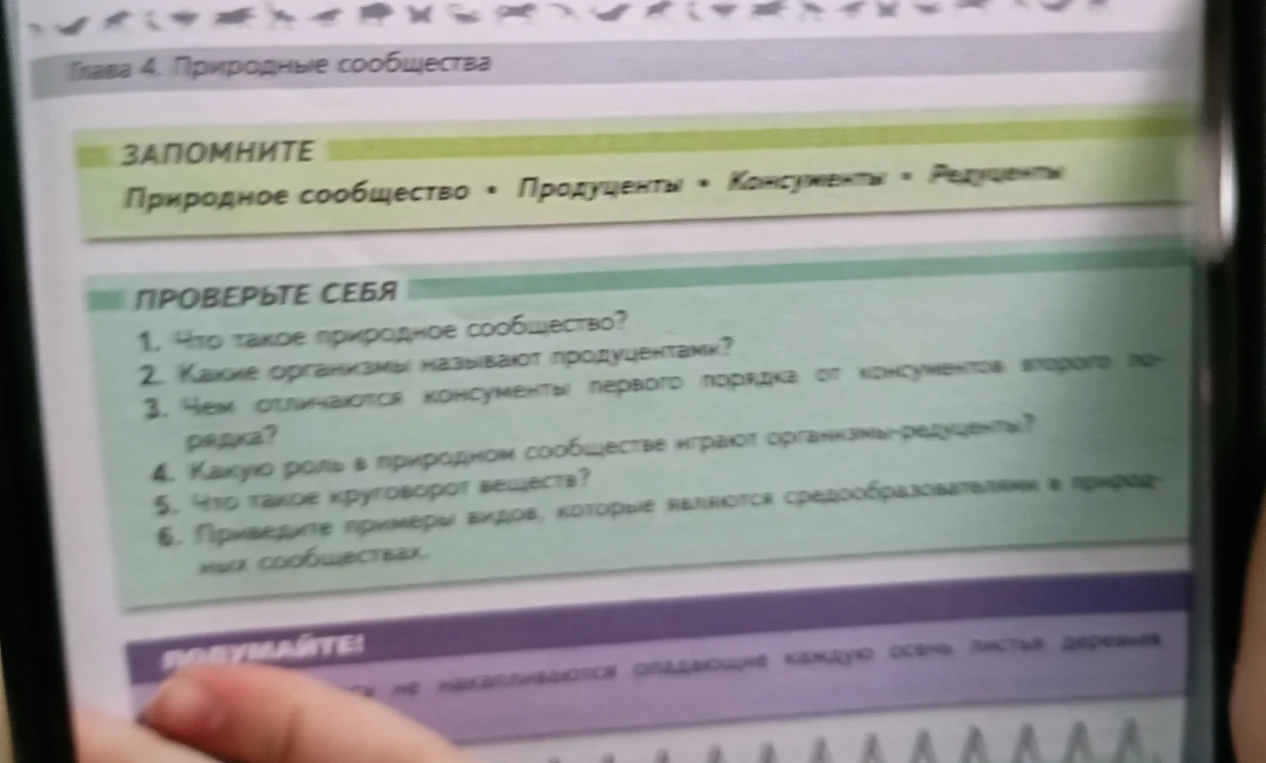 Ответьте на вопросы: Что такое природное сообщество? Какие организмы называют продуцентами? Чем отличаются консументы первого порядка от консументов второго порядка? Какую роль в природном сообществе играют организмы-редуценты? Что такое круговорот веществ? Приведите примеры видов, которые являются средообразователями в природных сообществах.