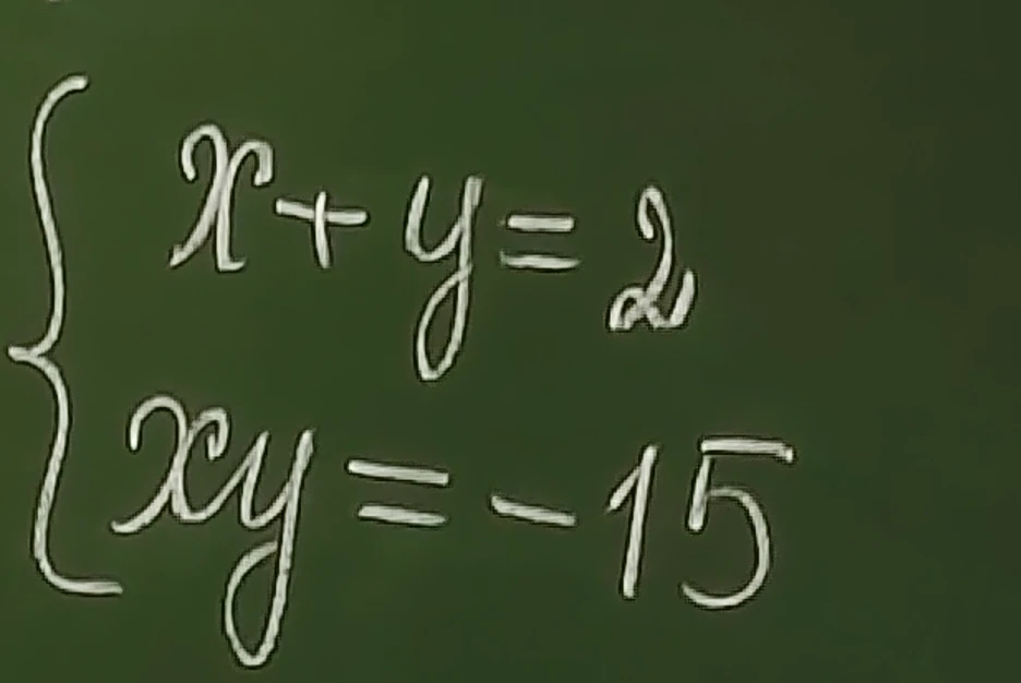 Решите систему уравнений x + y = 2; xy = -15
