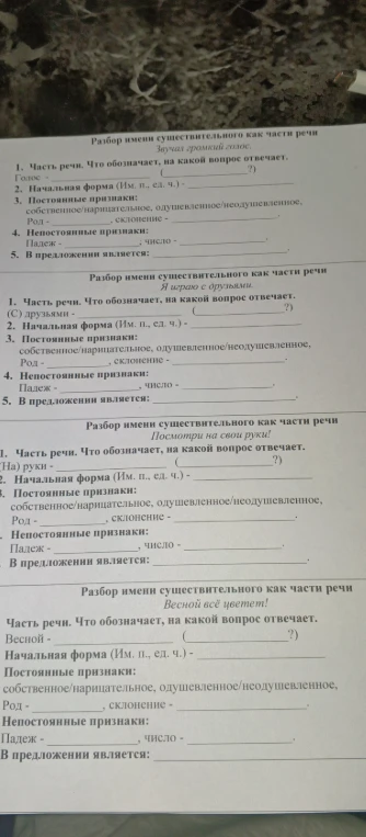 Выполните морфологический разбор имён существительных: голос, с друзьями, на руки, весной.