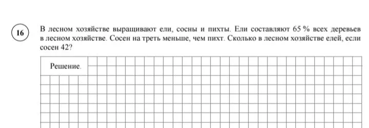 В лесном хозяйстве выращивают ели, сосны и пихты. Ели составляют 65 % всех деревьев в лесном хозяйстве. Сосен на треть меньше, чем пихт. Сколько в лесном хозяйстве елей, если сосен 42?