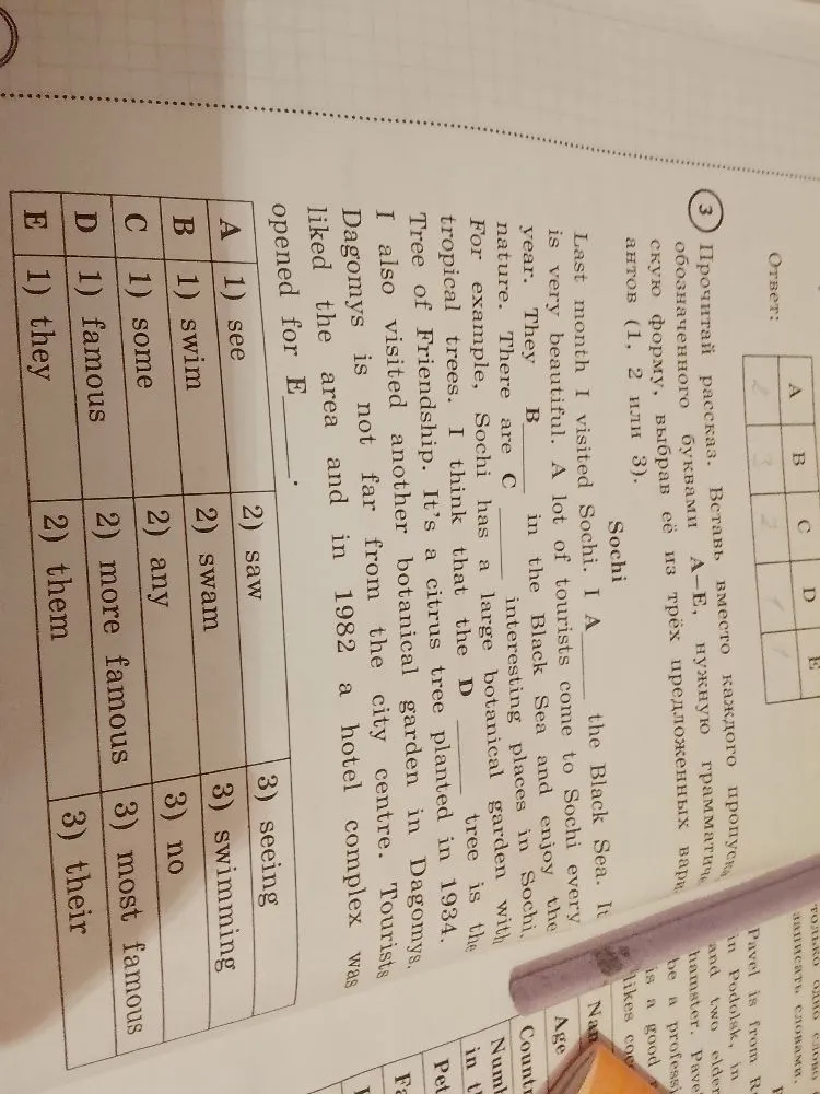 Прочитай рассказ. Вставь вместо каждого пропуска, обозначенного буквами А–Е, нужную грамматическую форму, выбрав её из трёх предложенных вариантов (1, 2 или 3).