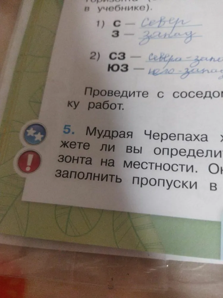 Мудрая Черепаха хочет узнать, сможете ли вы определить стороны горизонта на местности. Она предлагает заполнить пропуски в схеме.