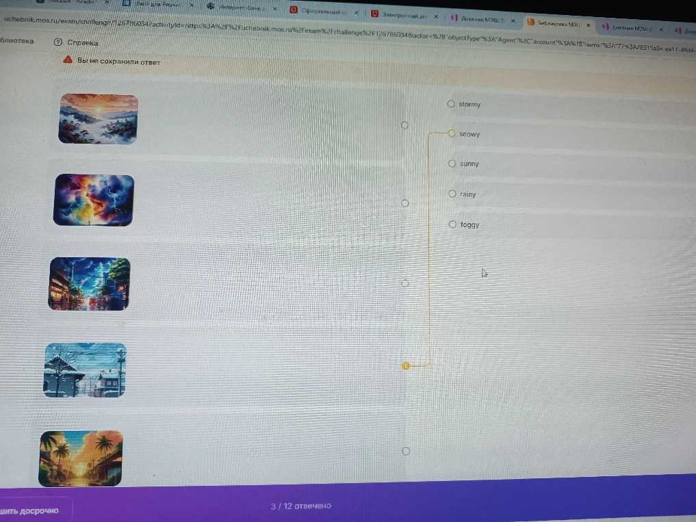 Сопоставьте изображения погодных явлений с их названиями: stormy, snowy, sunny, rainy, foggy.